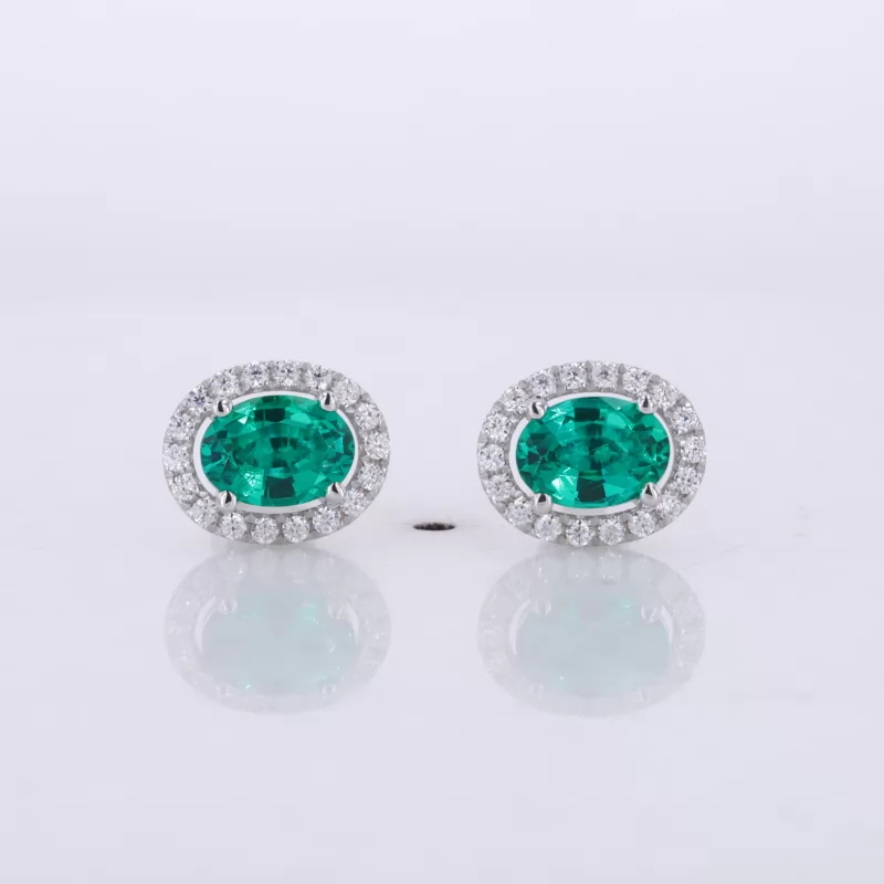 5×7mm Oval Cut Lab Grown Emerald 14K White Gold Diamond Stud Earrings