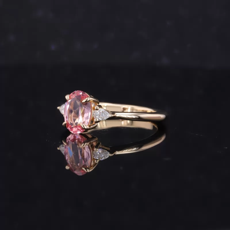 5×7mm Oval Cut Lab Grown Padparadscha Pink Sapphire 9K Yellow Gold Three Stone Engagement Ring