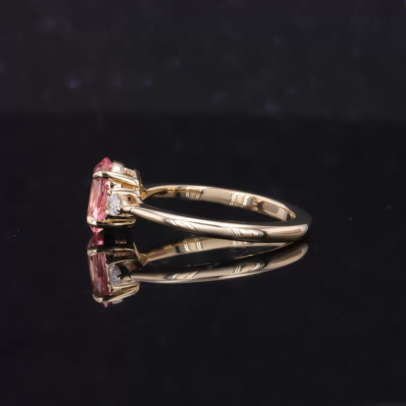 5×7mm Oval Cut Lab Grown Padparadscha Pink Sapphire 9K Yellow Gold Three Stone Engagement Ring