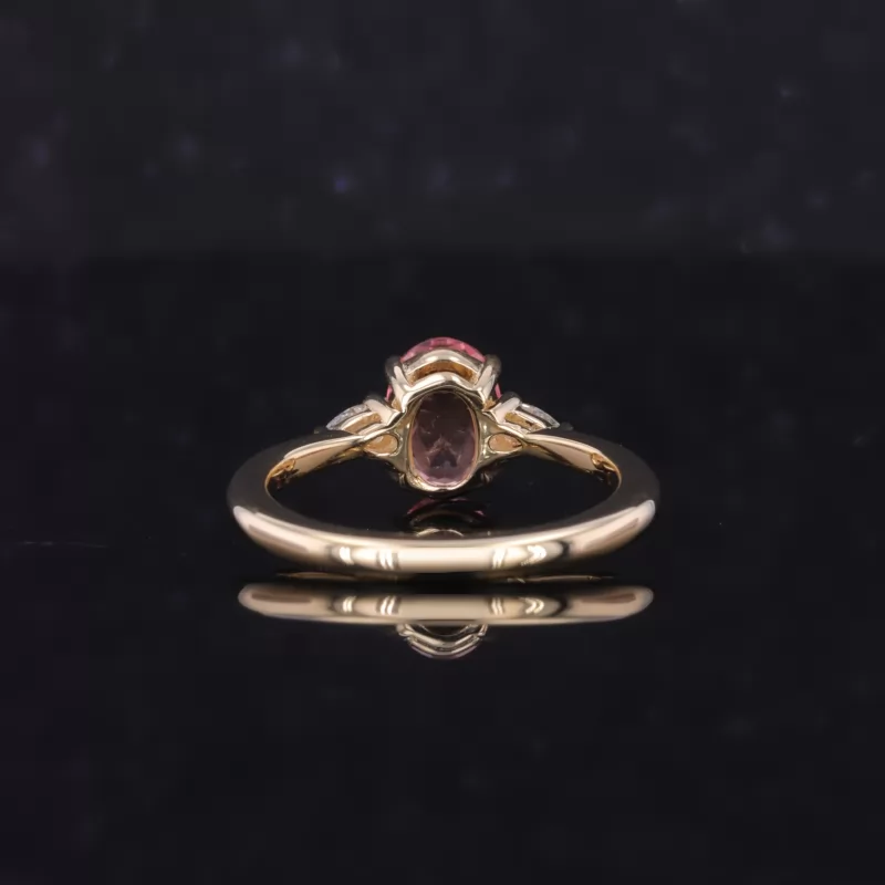 5×7mm Oval Cut Lab Grown Padparadscha Pink Sapphire 9K Yellow Gold Three Stone Engagement Ring