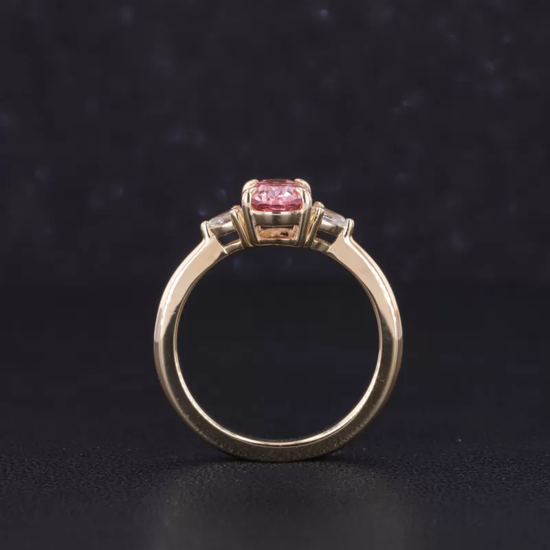 5×7mm Oval Cut Lab Grown Padparadscha Pink Sapphire 9K Yellow Gold Three Stone Engagement Ring