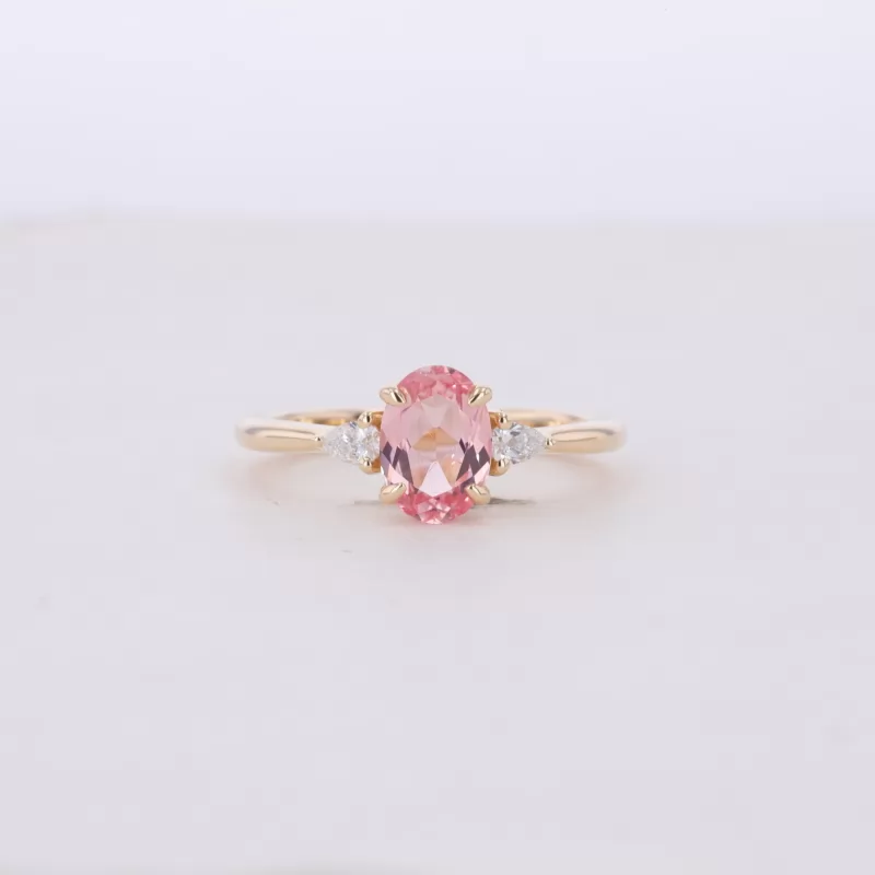 5×7mm Oval Cut Lab Grown Padparadscha Pink Sapphire 9K Yellow Gold Three Stone Engagement Ring