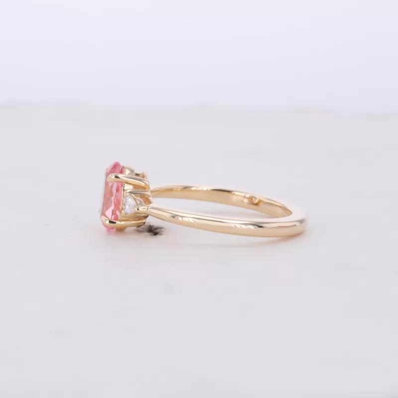 5×7mm Oval Cut Lab Grown Padparadscha Pink Sapphire 9K Yellow Gold Three Stone Engagement Ring