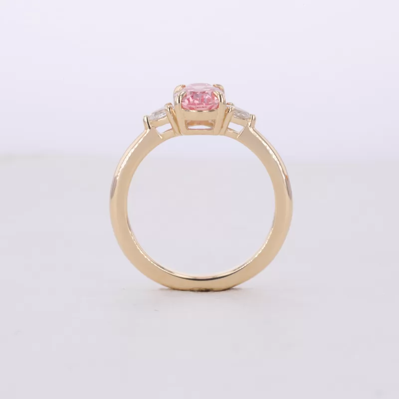 5×7mm Oval Cut Lab Grown Padparadscha Pink Sapphire 9K Yellow Gold Three Stone Engagement Ring