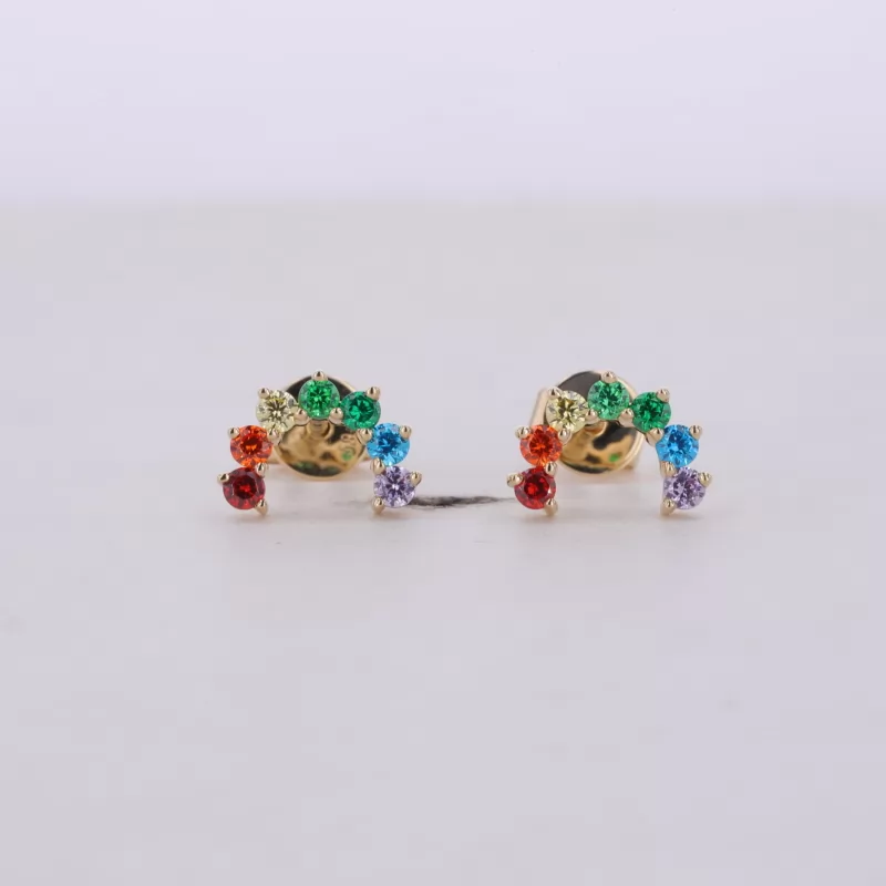 1.7mm Round Brilliant Cut Colours Lab Gemstones 14K Yellow Gold Rainbow Diamond Stud Earrings