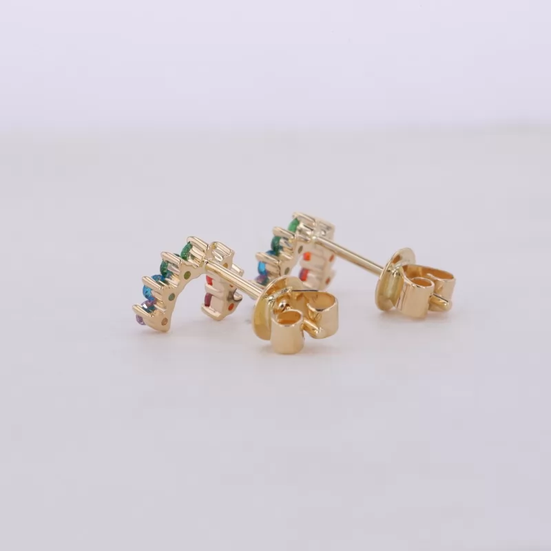 1.7mm Round Brilliant Cut Colours Lab Gemstones 14K Yellow Gold Rainbow Diamond Stud Earrings