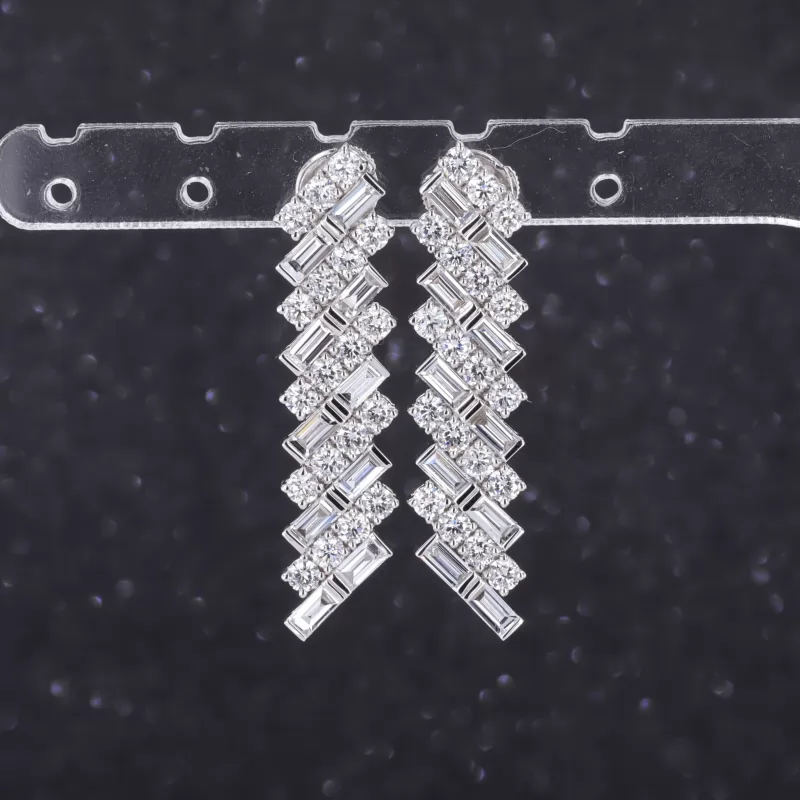 2×4mm Baguette Step Cut Moissanite & 2.5mm Round Brilliant Cut Moissanite 18K White Gold Diamond Earrings