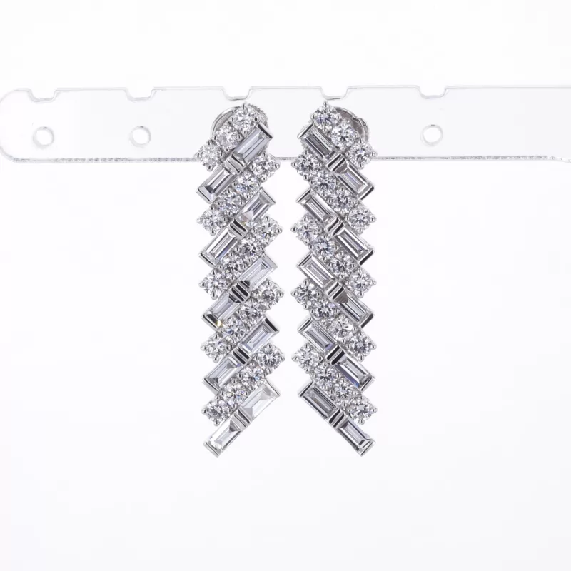 2×4mm Baguette Step Cut Moissanite & 2.5mm Round Brilliant Cut Moissanite 18K White Gold Diamond Earrings