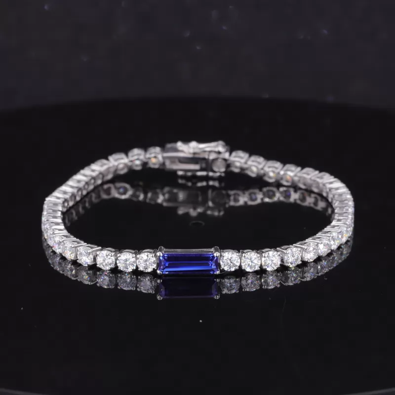 3×9mm Baguette Step Cut Lab Grown Sapphire & 3mm Round Brilliant Cut Moissanite 14K White Gold Tennis Bracelet