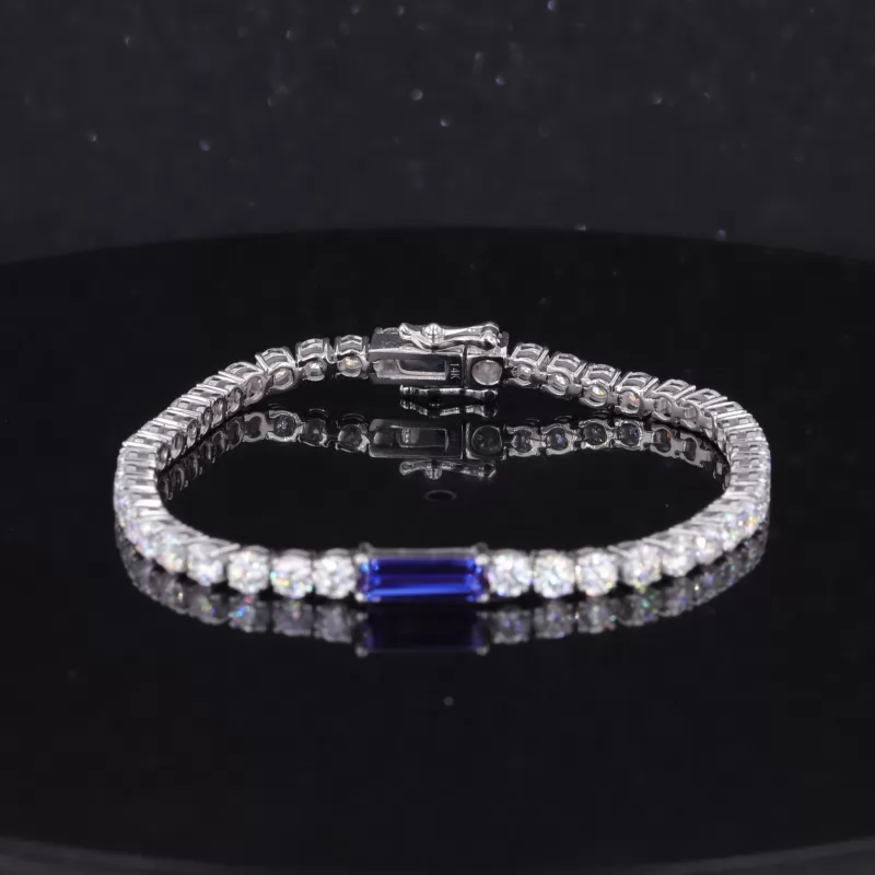 3×9mm Baguette Step Cut Lab Grown Sapphire & 3mm Round Brilliant Cut Moissanite 14K White Gold Tennis Bracelet