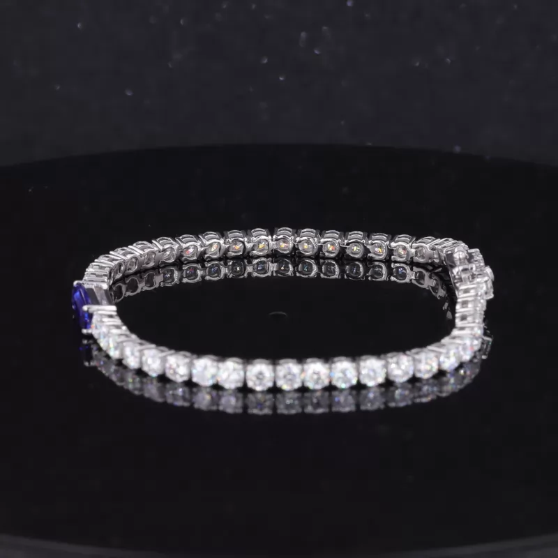 3×9mm Baguette Step Cut Lab Grown Sapphire & 3mm Round Brilliant Cut Moissanite 14K White Gold Tennis Bracelet