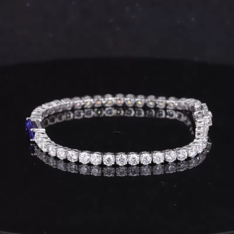 3×9mm Baguette Step Cut Lab Grown Sapphire & 3mm Round Brilliant Cut Moissanite 14K White Gold Tennis Bracelet