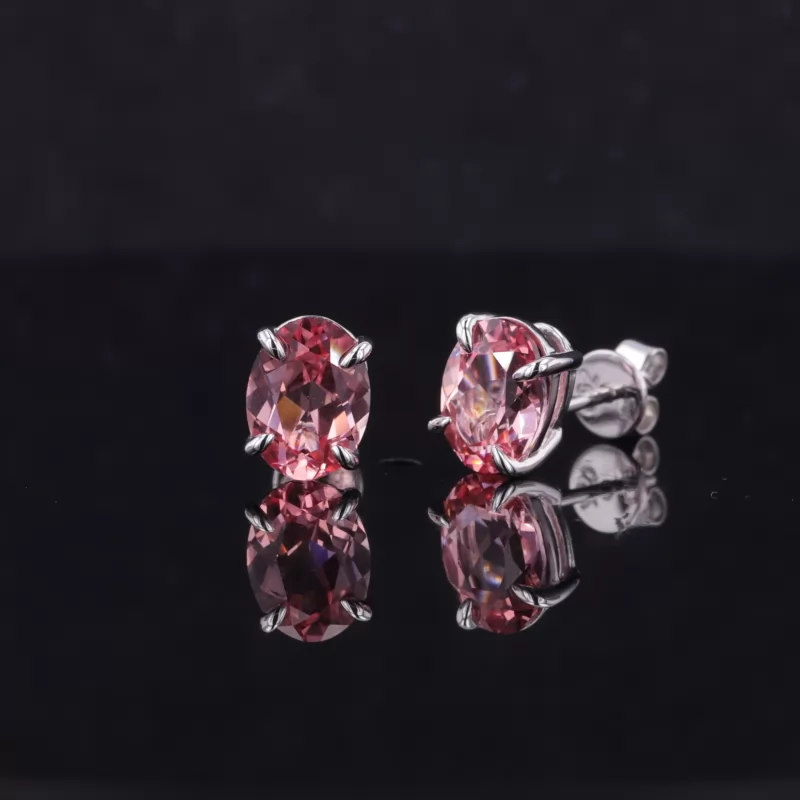 6×8mm Oval Cut Lab Grown Padparadscha Pink Sapphire 18K White Gold Diamond Stud Earrings