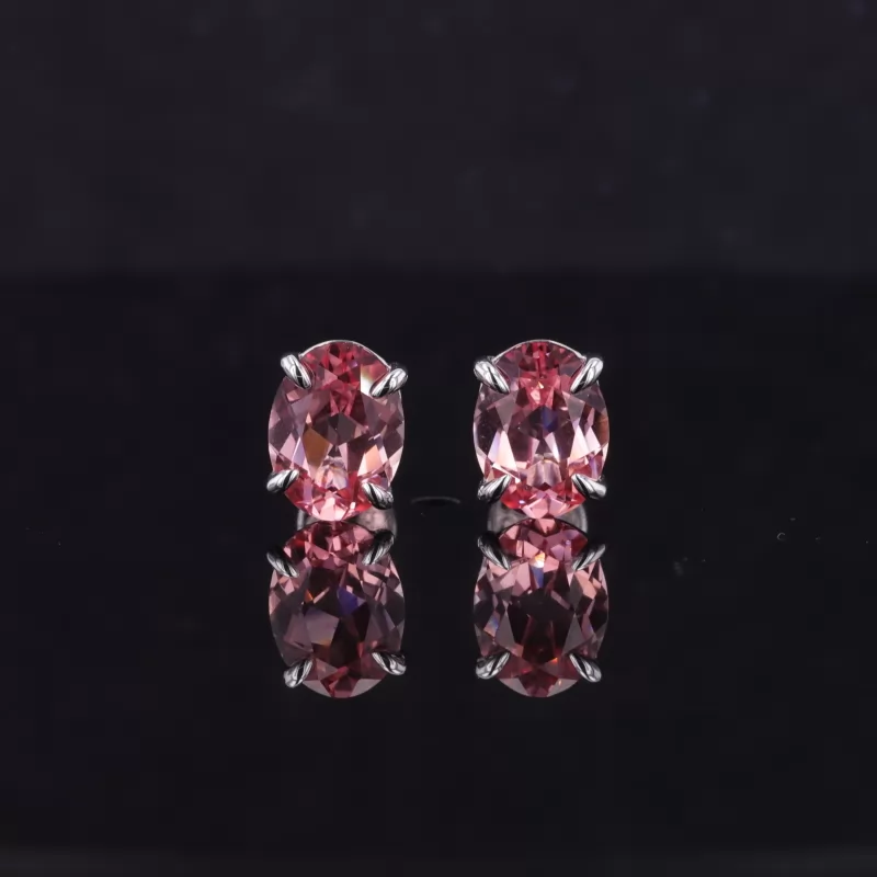 6×8mm Oval Cut Lab Grown Padparadscha Pink Sapphire 18K White Gold Diamond Stud Earrings