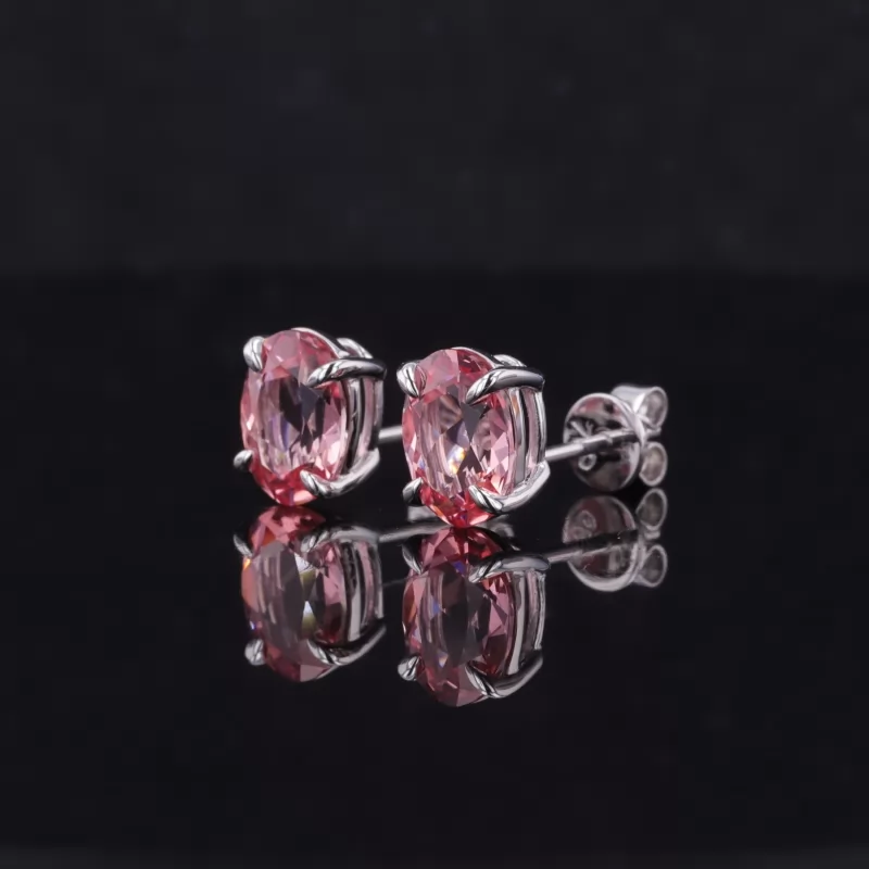 6×8mm Oval Cut Lab Grown Padparadscha Pink Sapphire 18K White Gold Diamond Stud Earrings