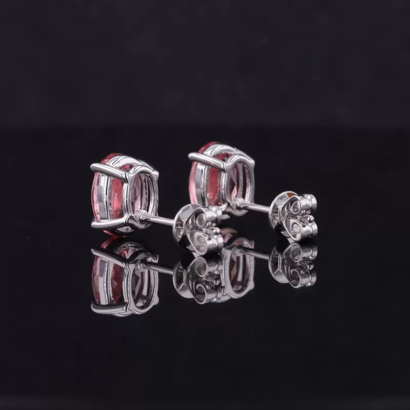 6×8mm Oval Cut Lab Grown Padparadscha Pink Sapphire 18K White Gold Diamond Stud Earrings