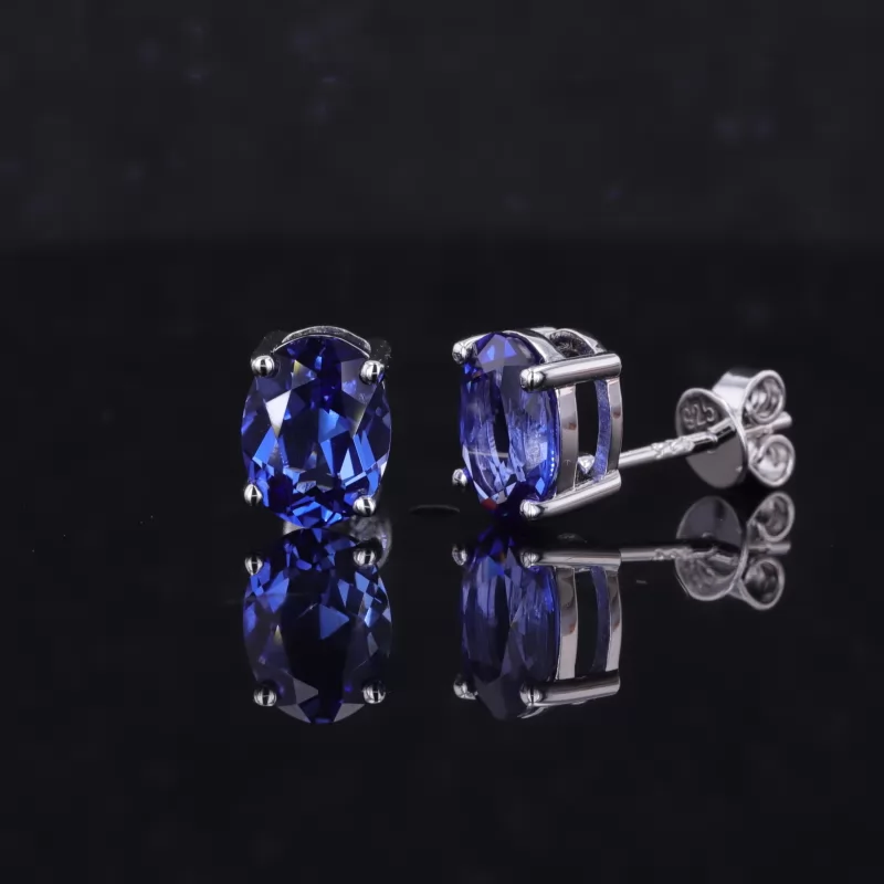 6×8mm Oval Cut Lab Grown Sapphire S925 Sterling Silver Diamond Stud Earrings