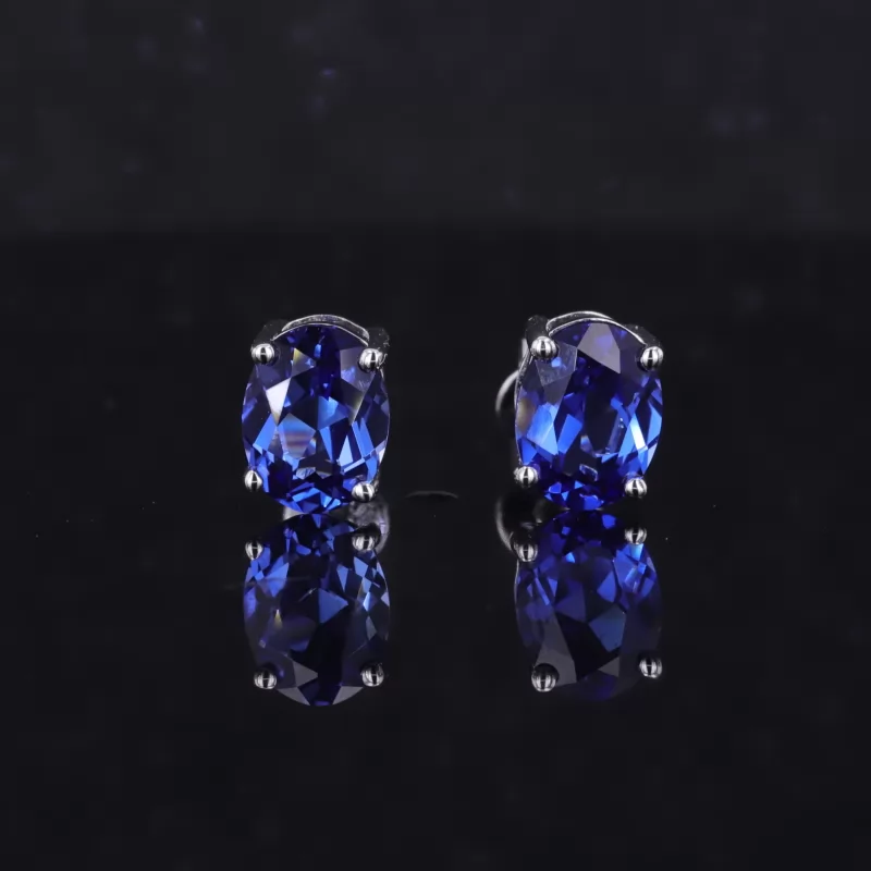 6×8mm Oval Cut Lab Grown Sapphire S925 Sterling Silver Diamond Stud Earrings