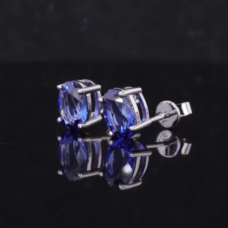 6×8mm Oval Cut Lab Grown Sapphire S925 Sterling Silver Diamond Stud Earrings