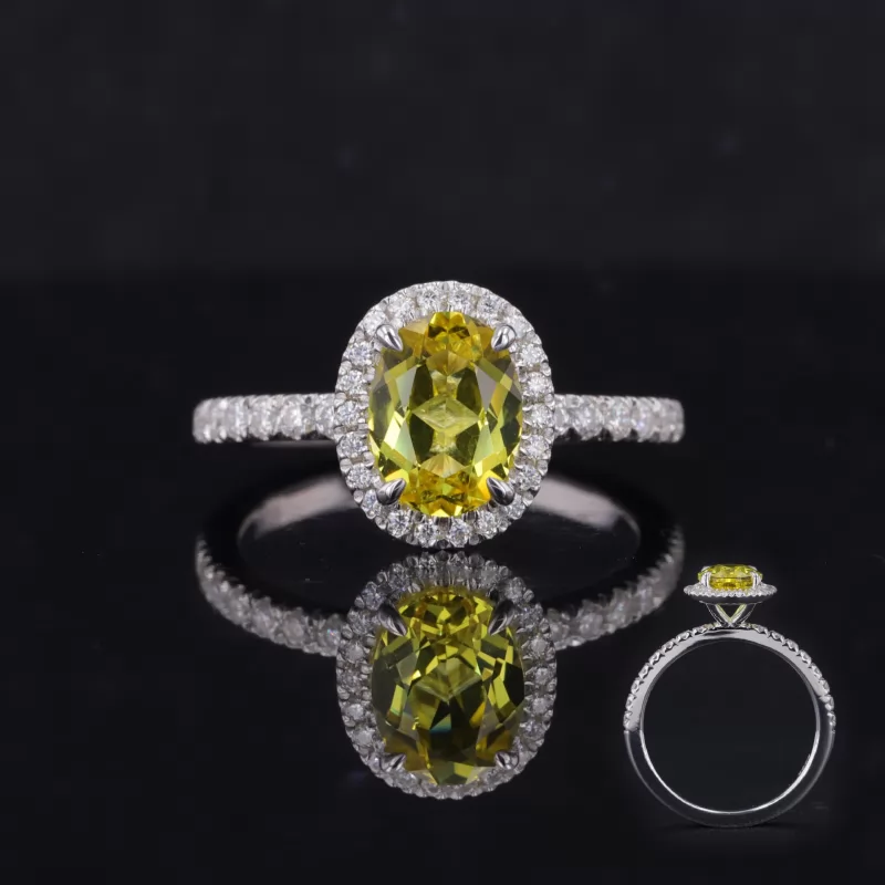 6×8mm Oval Cut Lab Grown Yellow Sapphire S925 Sterling Silver Halo Engagement Ring