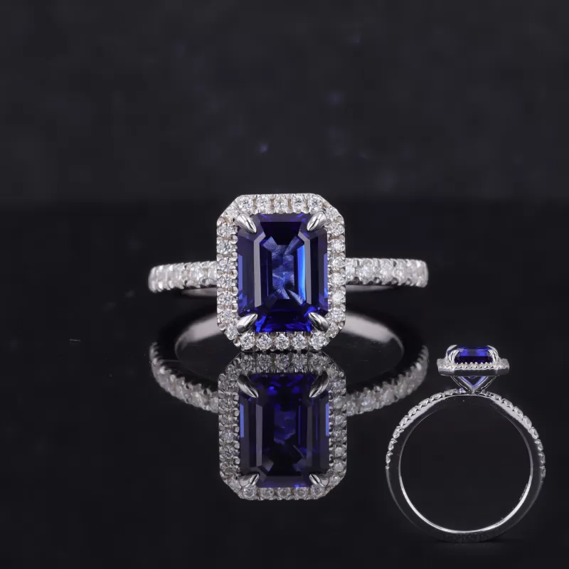 6×8mm Octagon Emerald Cut Royal Blue Lab Grown Sapphire S925 Sterling Silver Halo Engagement Ring