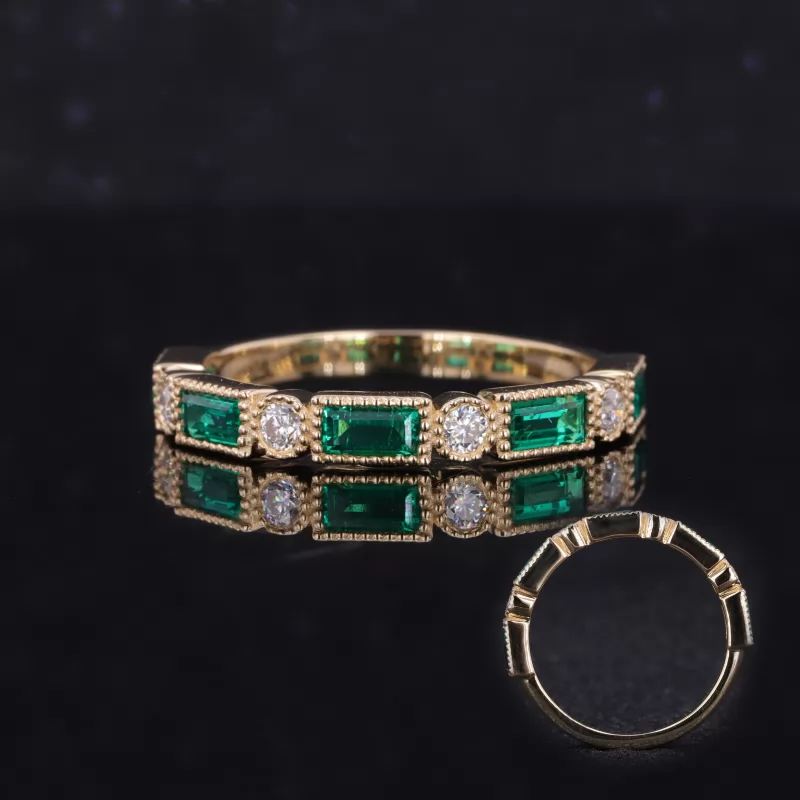 2×4mm Baguette Step Cut Lab Grown Emerald & 2mm Round Brilliant Cut Lab Grown Diamond 10K Yellow Gold Nine Stone Diamond Ring