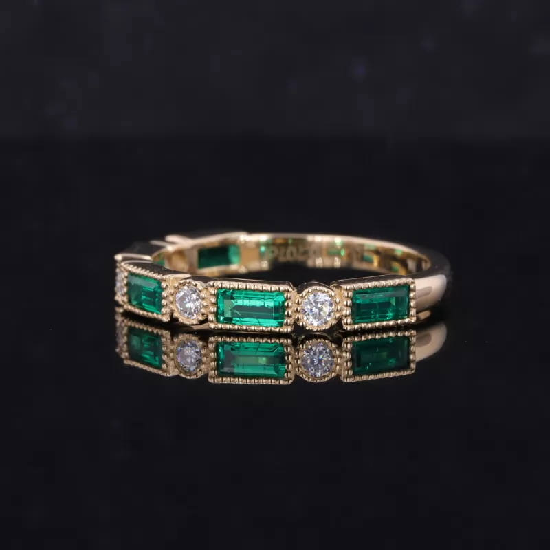 2×4mm Baguette Step Cut Lab Grown Emerald & 2mm Round Brilliant Cut Lab Grown Diamond 10K Yellow Gold Nine Stone Diamond Ring