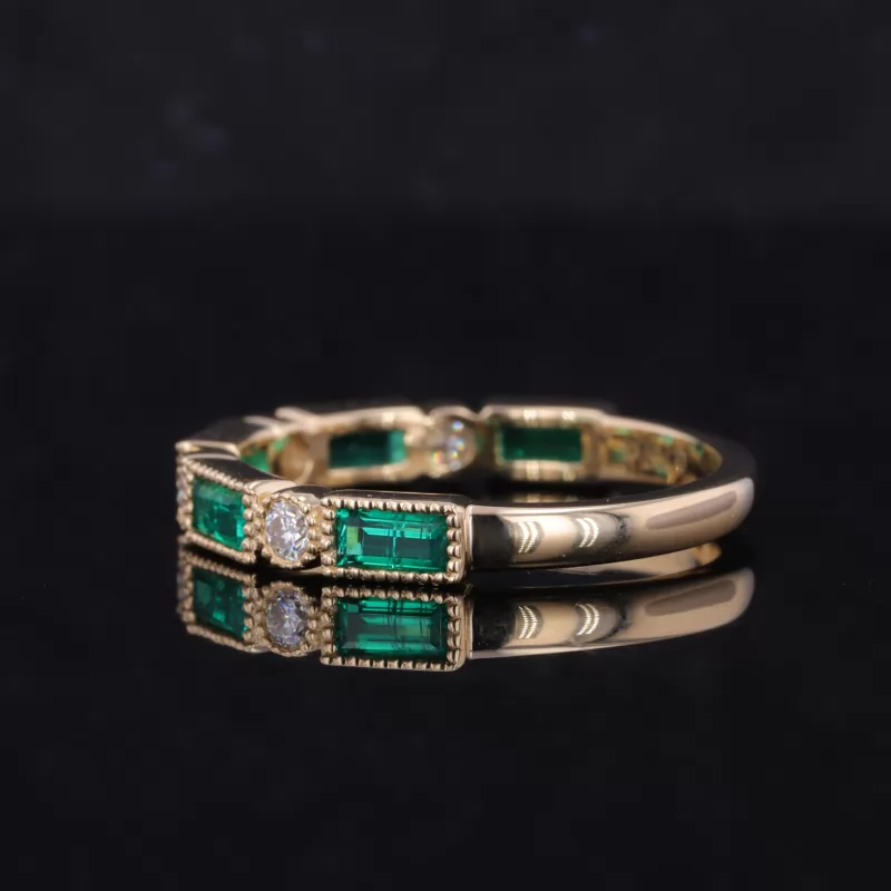 2×4mm Baguette Step Cut Lab Grown Emerald & 2mm Round Brilliant Cut Lab Grown Diamond 10K Yellow Gold Nine Stone Diamond Ring