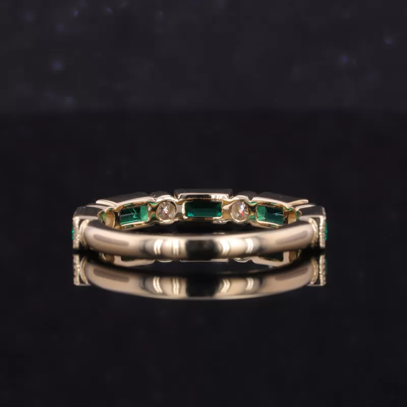 2×4mm Baguette Step Cut Lab Grown Emerald & 2mm Round Brilliant Cut Lab Grown Diamond 10K Yellow Gold Nine Stone Diamond Ring