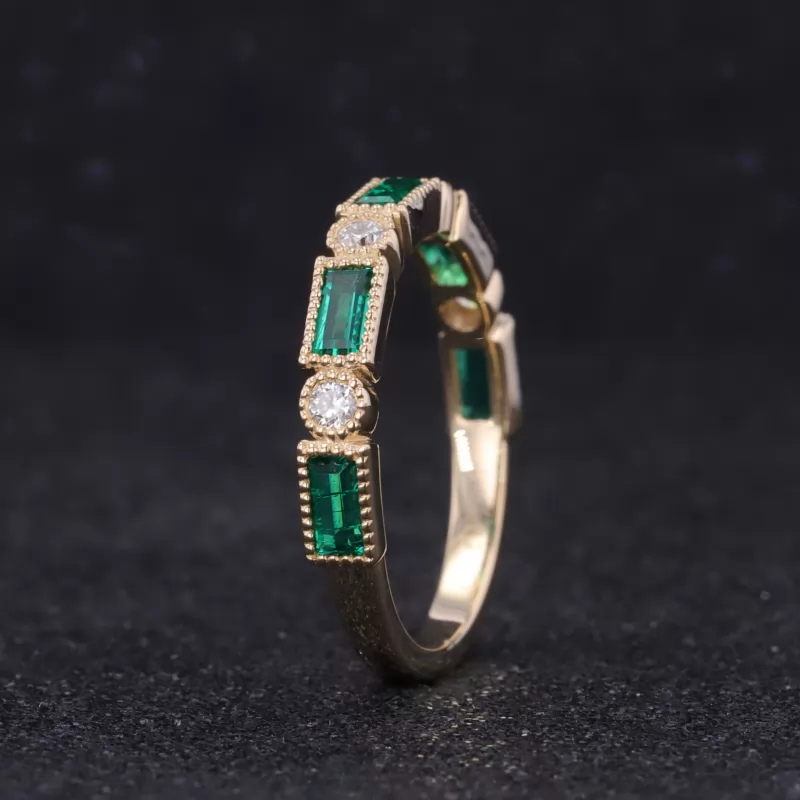 2×4mm Baguette Step Cut Lab Grown Emerald & 2mm Round Brilliant Cut Lab Grown Diamond 10K Yellow Gold Nine Stone Diamond Ring
