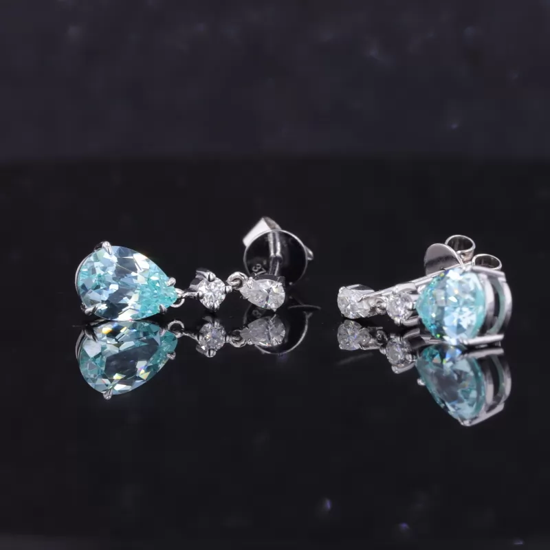 Pear Cut Lab Grown Paraiba Sapphire 10K White Gold Drop Dangle Diamond Earrings