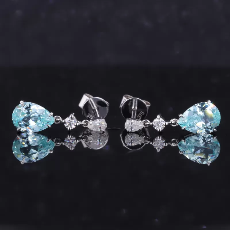 Pear Cut Lab Grown Paraiba Sapphire 10K White Gold Drop Dangle Diamond Earrings