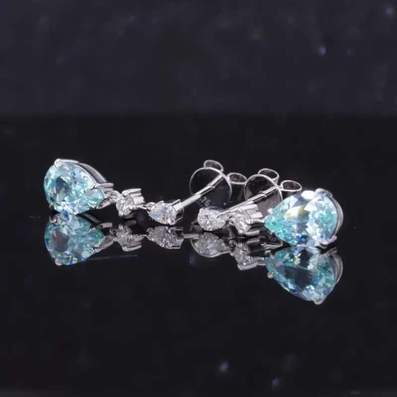 Pear Cut Lab Grown Paraiba Sapphire 10K White Gold Drop Dangle Diamond Earrings