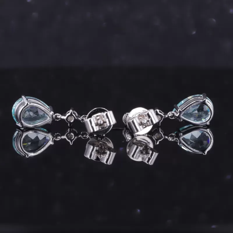 Pear Cut Lab Grown Paraiba Sapphire 10K White Gold Drop Dangle Diamond Earrings