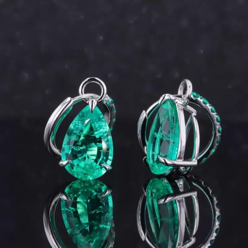 8×10mm Pear Cut Lab Grown Emerald S925 Sterling Silver Drop Dangle Diamond Earrings