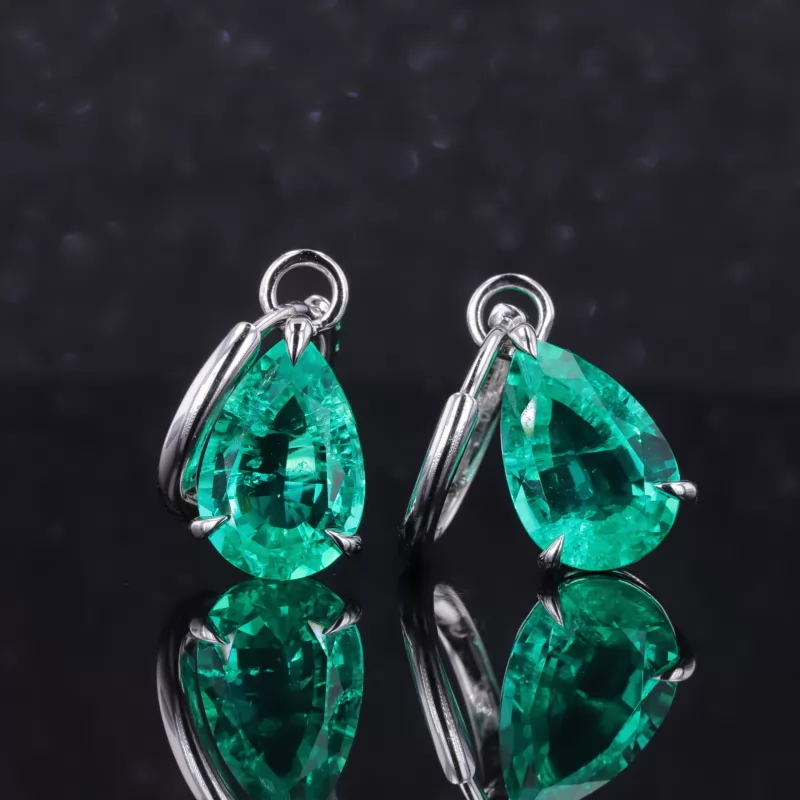 8×10mm Pear Cut Lab Grown Emerald S925 Sterling Silver Drop Dangle Diamond Earrings