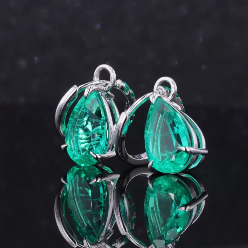 8×10mm Pear Cut Lab Grown Emerald S925 Sterling Silver Drop Dangle Diamond Earrings