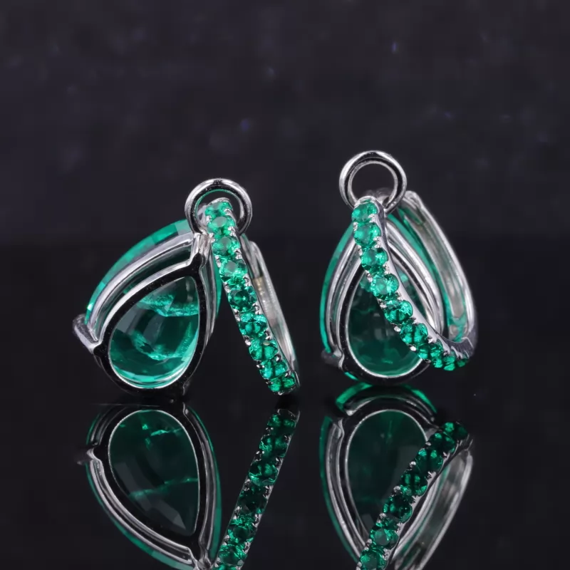 8×10mm Pear Cut Lab Grown Emerald S925 Sterling Silver Drop Dangle Diamond Earrings