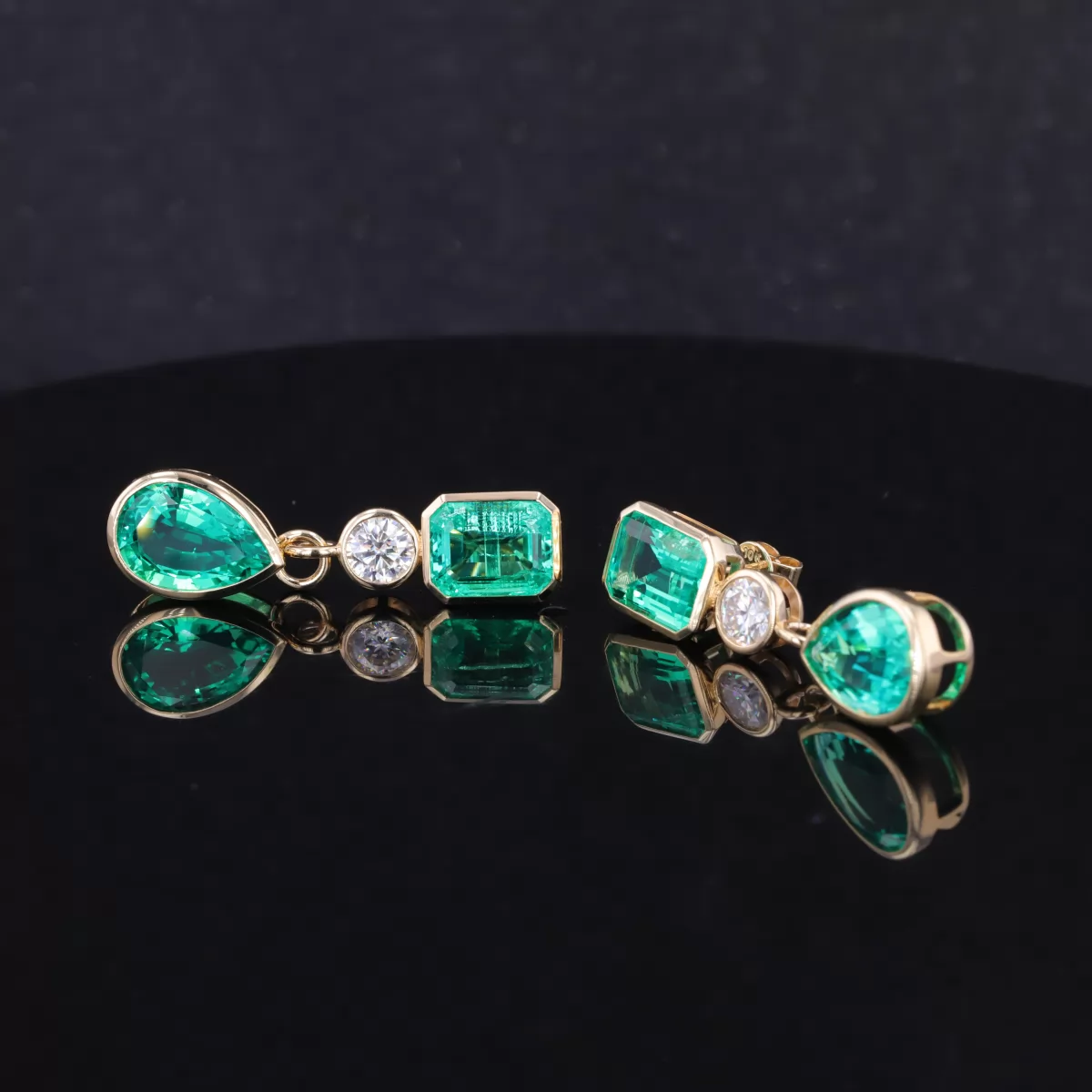 8×12mm Pear Cut Lab Grown Emerald & 7×9mm Octagon Emerald Cut Lab Grown Emerald & 5mm Round Brilliant Cut Moissanite Bezel Set 10K Yellow Gold Drop Dangle Diamond Earrings