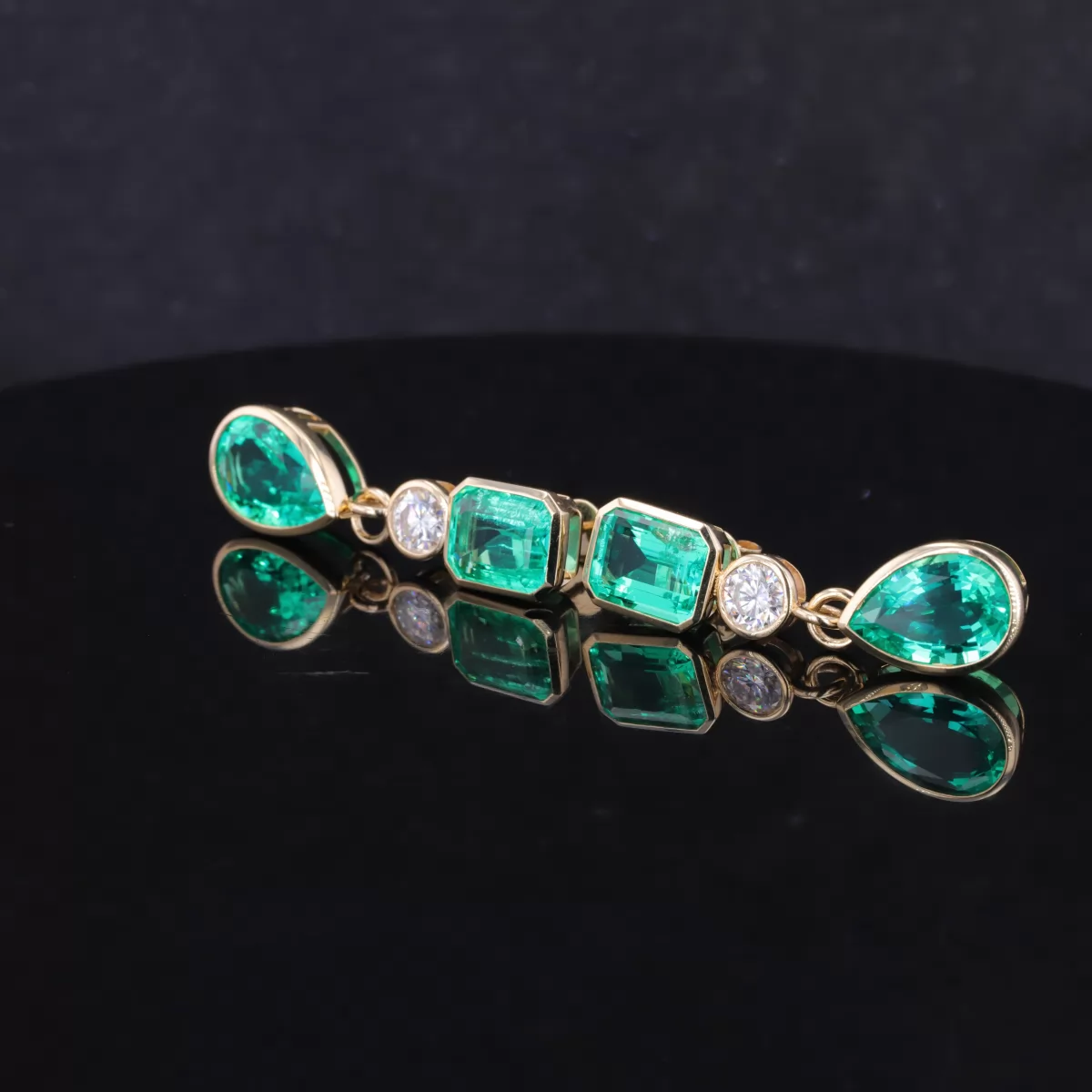 Fancy Cut Lab Grown Emerald Bezel Set 10K Gold Drop Dangle Diamond Earrings