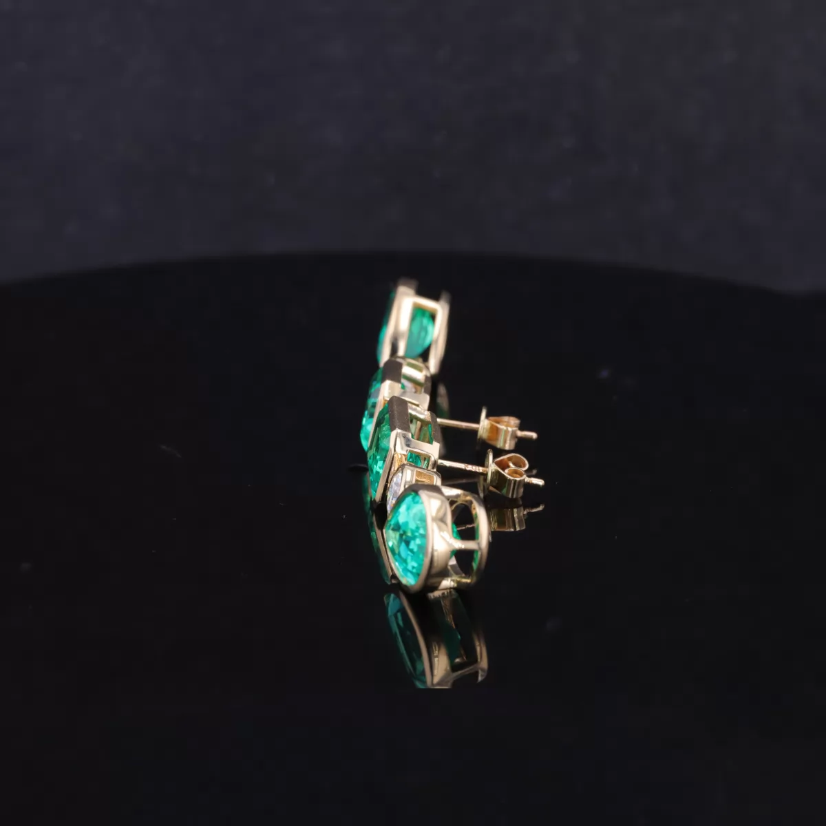 8×12mm Pear Cut Lab Grown Emerald & 7×9mm Octagon Emerald Cut Lab Grown Emerald & 5mm Round Brilliant Cut Moissanite Bezel Set 10K Yellow Gold Drop Dangle Diamond Earrings