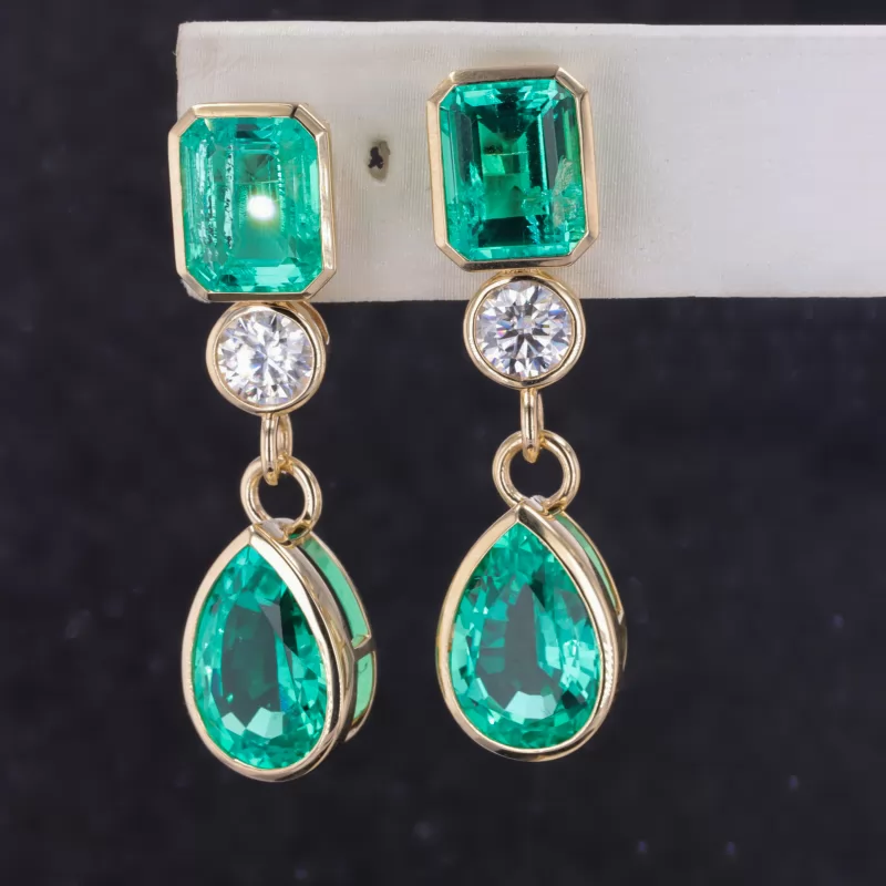 8×12mm Pear Cut Lab Grown Emerald & 7×9mm Octagon Emerald Cut Lab Grown Emerald & 5mm Round Brilliant Cut Moissanite Bezel Set 10K Yellow Gold Drop Dangle Diamond Earrings