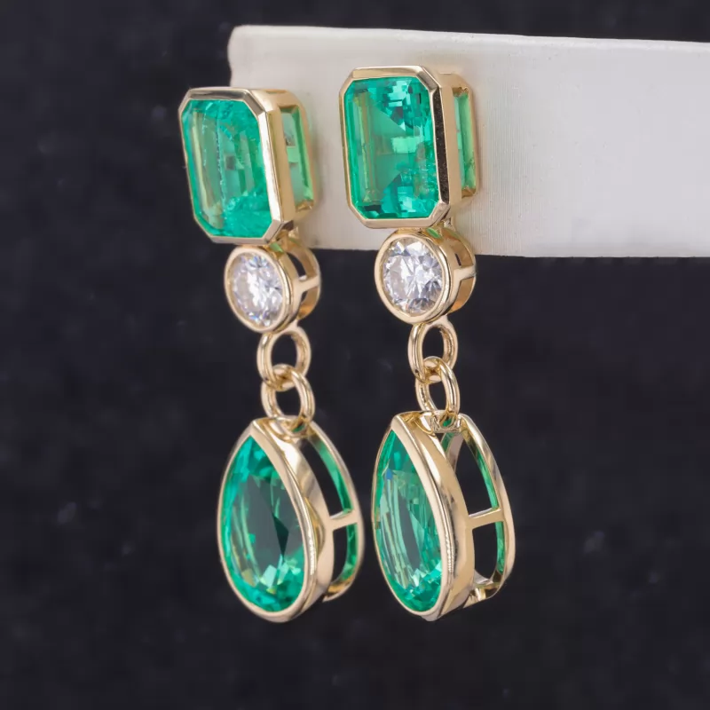 8×12mm Pear Cut Lab Grown Emerald & 7×9mm Octagon Emerald Cut Lab Grown Emerald & 5mm Round Brilliant Cut Moissanite Bezel Set 10K Yellow Gold Drop Dangle Diamond Earrings