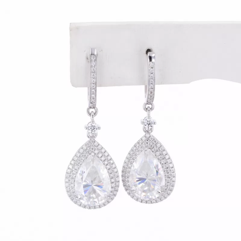 Pear Cut Moissanite Halo Set S925 Sterling Silver Drop Dangle Diamond Earrings