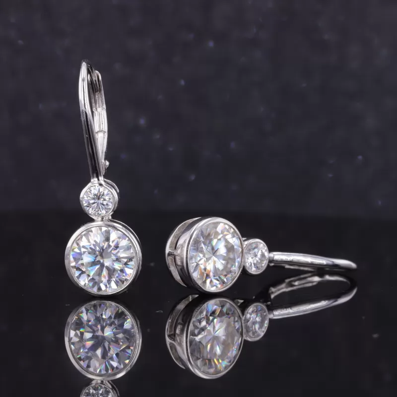 8mm and 3.5mm Round Brilliant Cut Moissanite Bezel Set S925 Sterling Silver Drop Dangle Diamond Earrings