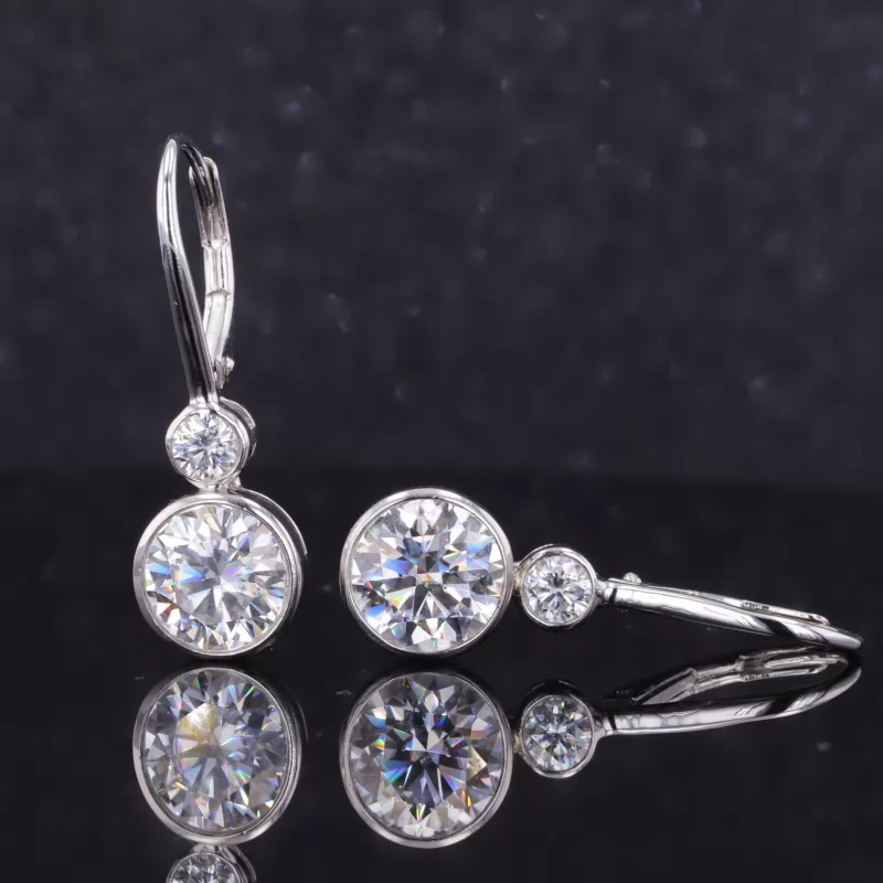 8mm and 3.5mm Round Brilliant Cut Moissanite Bezel Set S925 Sterling Silver Drop Dangle Diamond Earrings