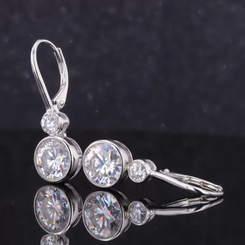 8mm and 3.5mm Round Brilliant Cut Moissanite Bezel Set S925 Sterling Silver Drop Dangle Diamond Earrings