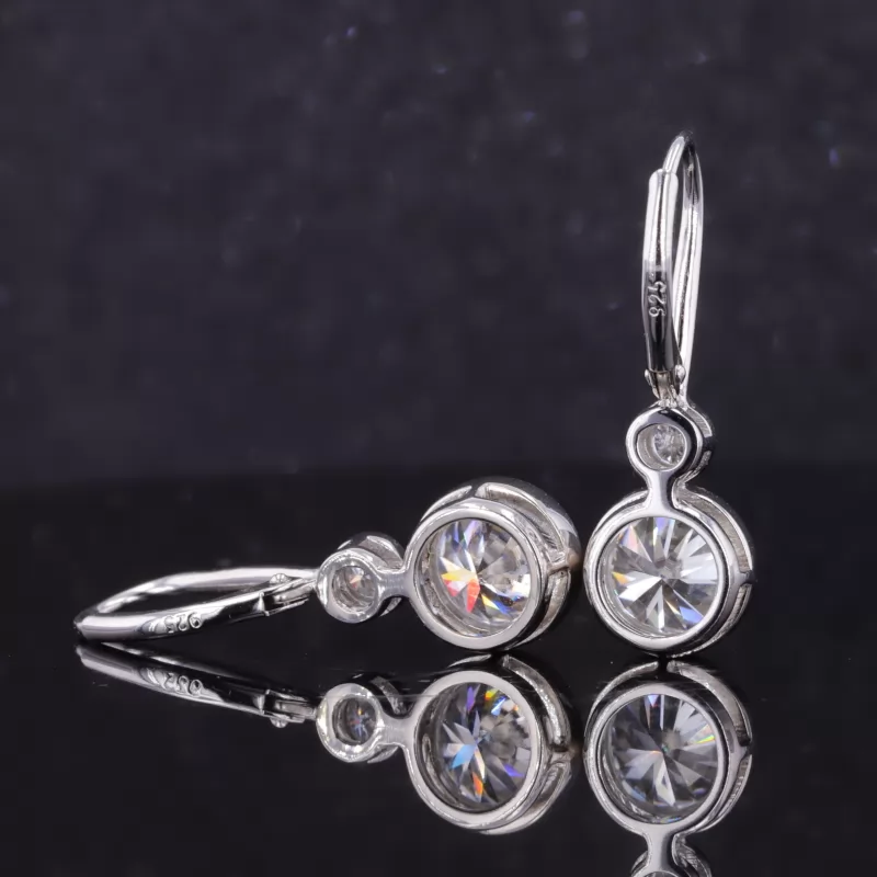 8mm and 3.5mm Round Brilliant Cut Moissanite Bezel Set S925 Sterling Silver Drop Dangle Diamond Earrings