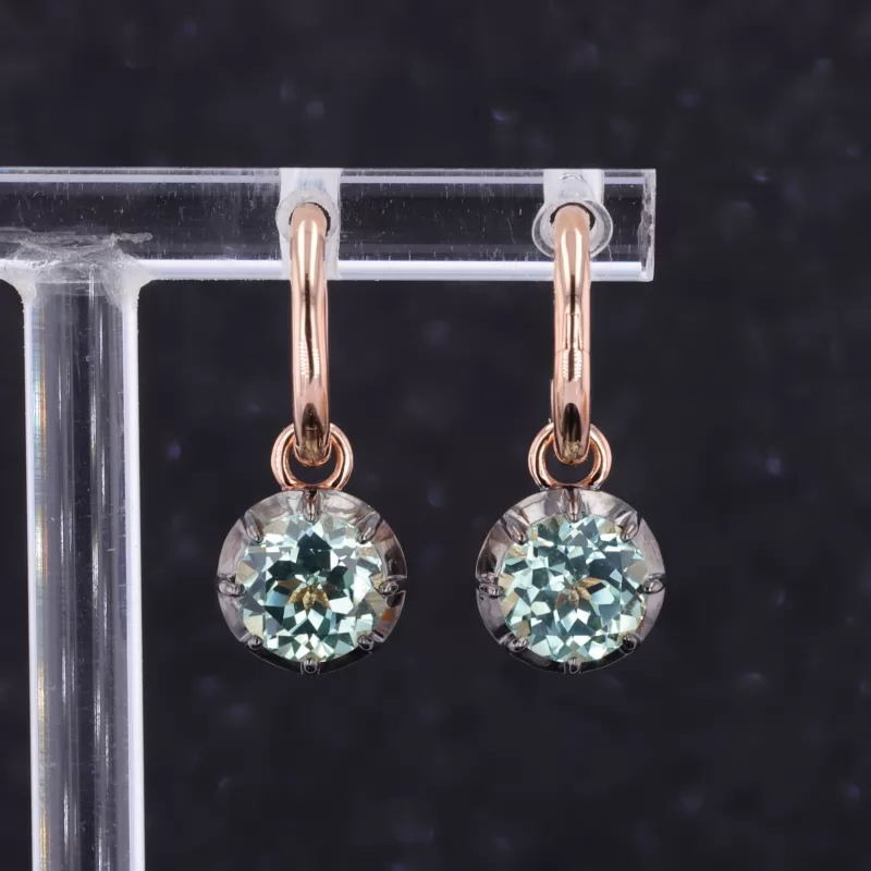 6.5mm Round Brilliant Cut Green Moissanite 18K Rose Gold Diamond Earrings