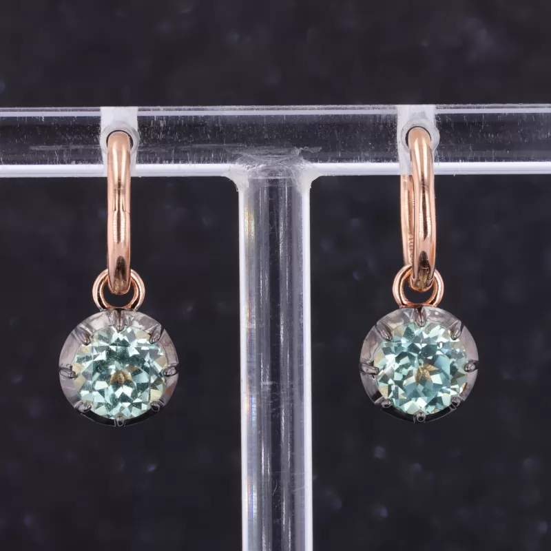 6.5mm Round Brilliant Cut Green Moissanite 18K Rose Gold Diamond Earrings